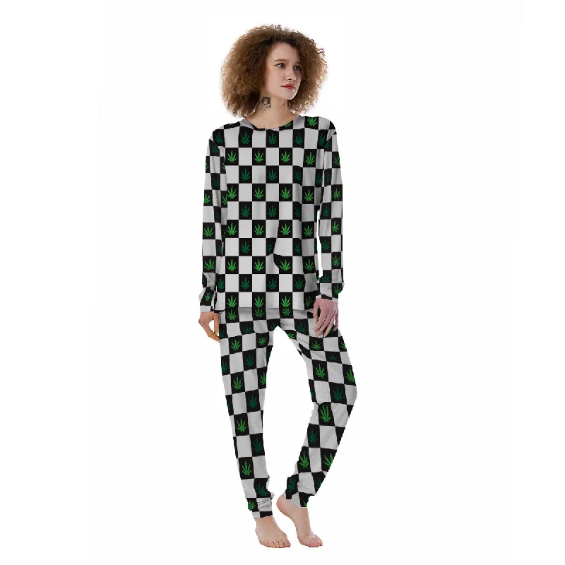 Checked Green Weed Print Pattern Women's Pajamas Cotton pajama sets