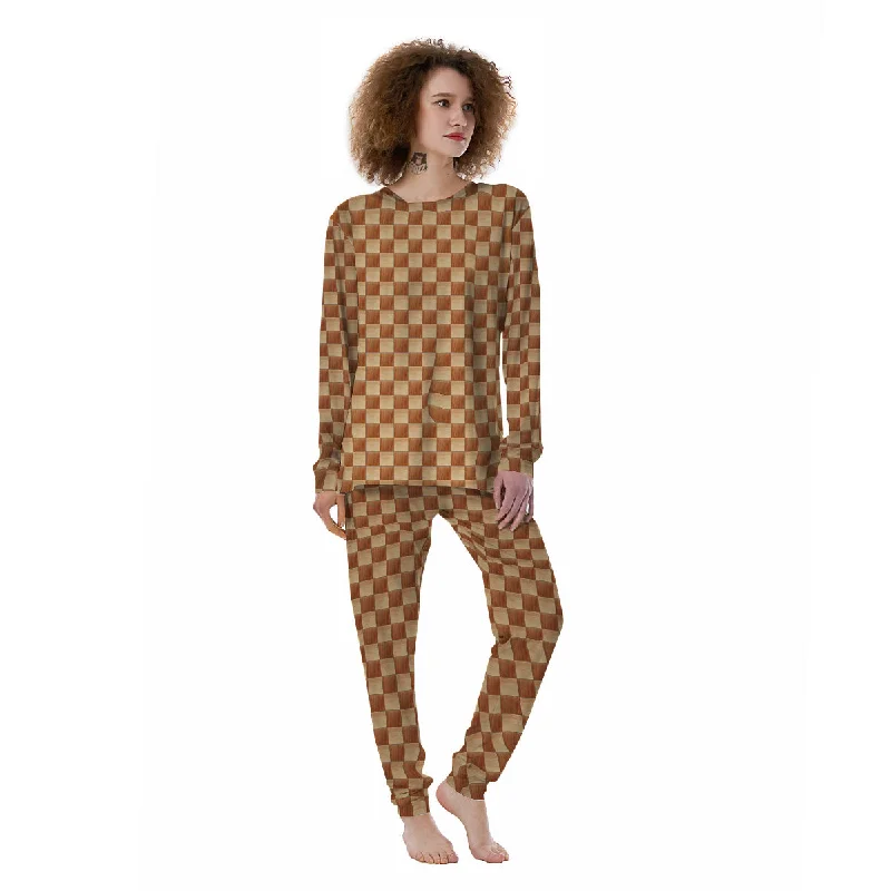 Chess Board Wood Print Pattern Women's Pajamas Breathable cotton pajama sets