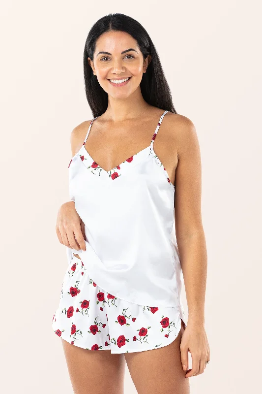 Satin 2-Piece Nightwear Set - White Red Roses Pajama sets under $50