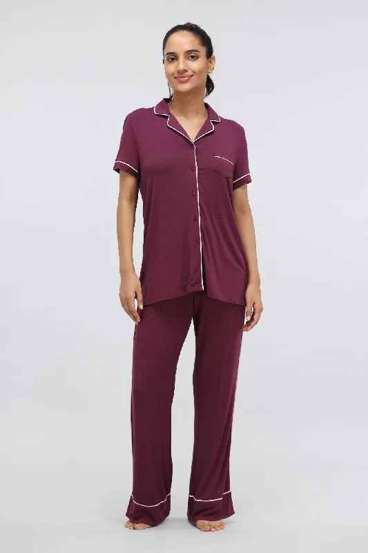 Wine Button Down Piping Modal Pajama Set Breathable cotton pajama sets