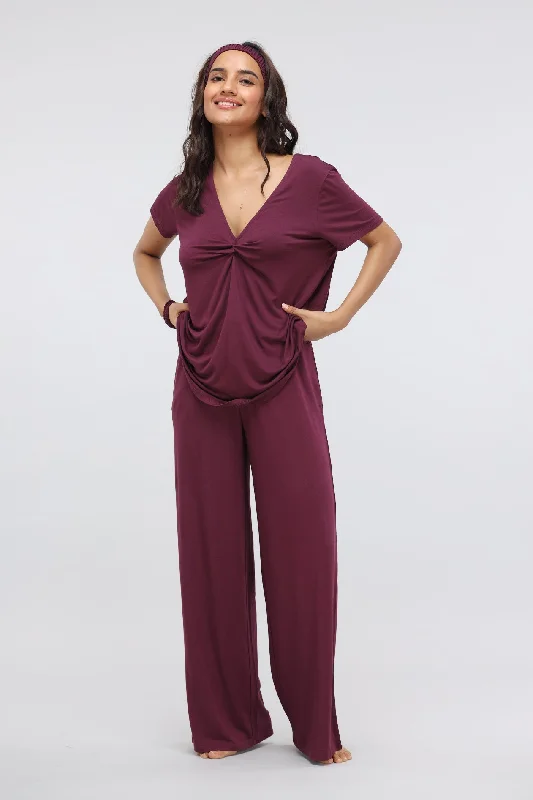 Wine Flared Modal Lounge Set with Knot Top Party pajama sets