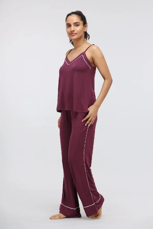 Wine Piping Modal Pajama Set with Tank Top Spa pajama sets