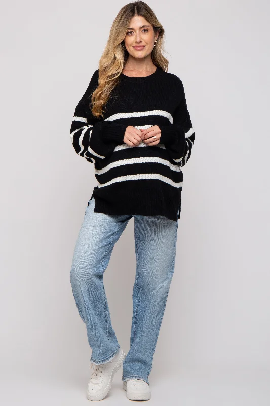 Black Striped Oversized Side Slit Maternity Sweater Patagonia sweaters