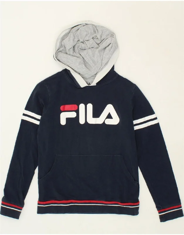 FILA Womens Graphic Hoodie Jumper UK 14 Medium Navy Blue Colourblock Best sweaters for fall