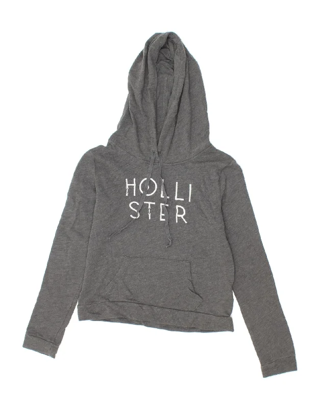 HOLLISTER Womens Crop Graphic Hoodie Jumper UK 10 Small Grey Cotton Mohair sweaters