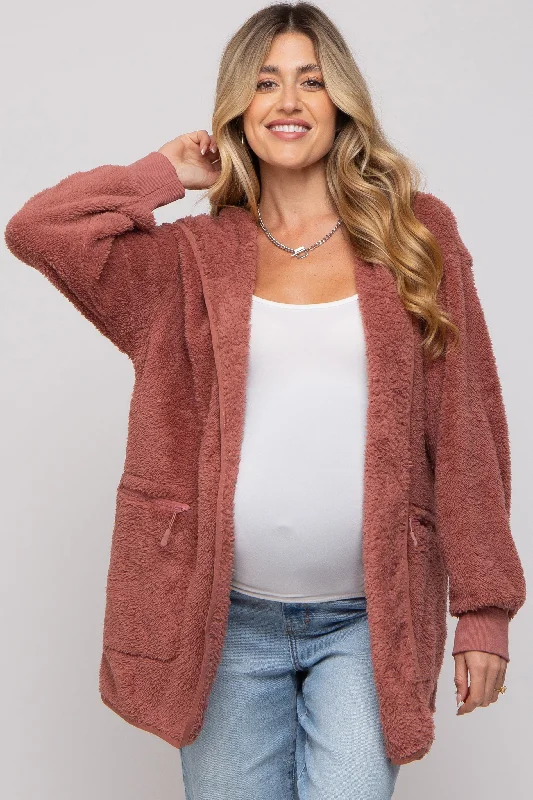 Mauve Fuzzy Knit Hooded Maternity Jacket Luxury sweaters