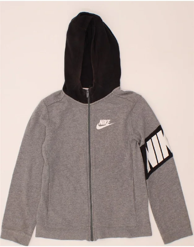 NIKE Womens Graphic Zip Hoodie Sweater UK 14 Large Grey Colourblock Cotton Fashionable sweaters