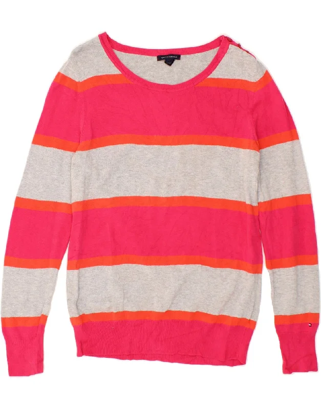 TOMMY HILFIGER Womens Boat Neck Jumper Sweater UK 14 Medium Pink Striped Best sweaters for casual wear