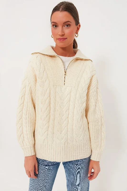 Winter White Daria Half Zip Cable Knit Softest cashmere sweaters