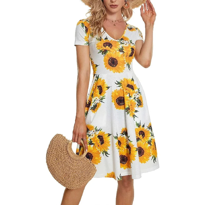 Casual Summer Sunflower Print Daily Women Sun Dresses Velvet mini dresses