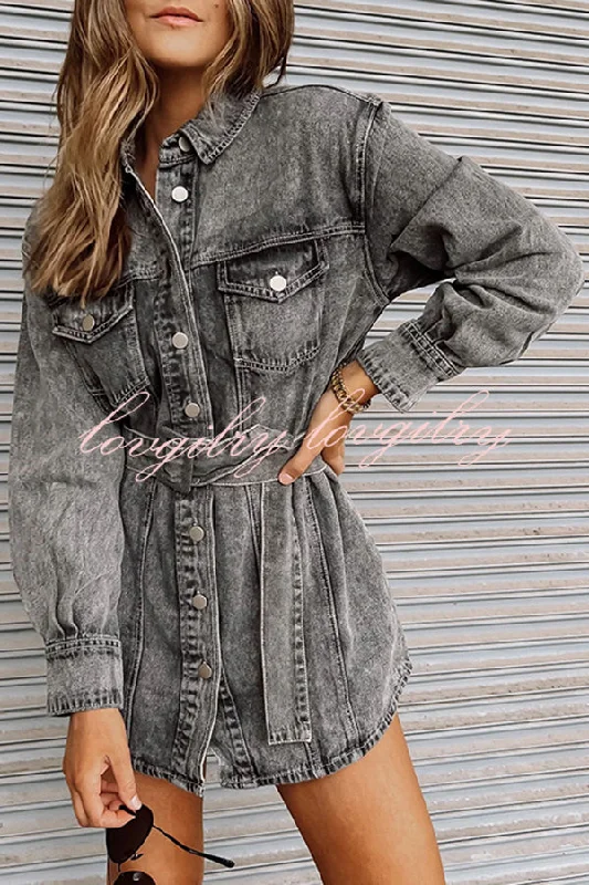 Vintage Belted Single Breasted Pocket Denim Mini Dress Silk mini dresses