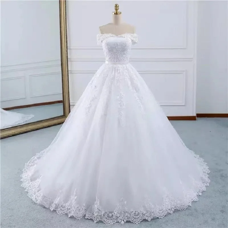 White Ball Gown Bridal Dress mariage Vintage Muslim Plus Size Lace Modern Bridal Gown