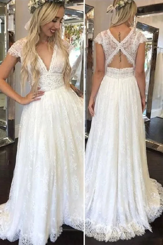 A Line V Neck Lace Wedding Dress Silk Bridal Dress