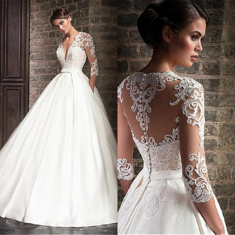 Wedding Gowns Luxury V-neck Satin With Lace Wedding Dresses Elegant Lace Gown