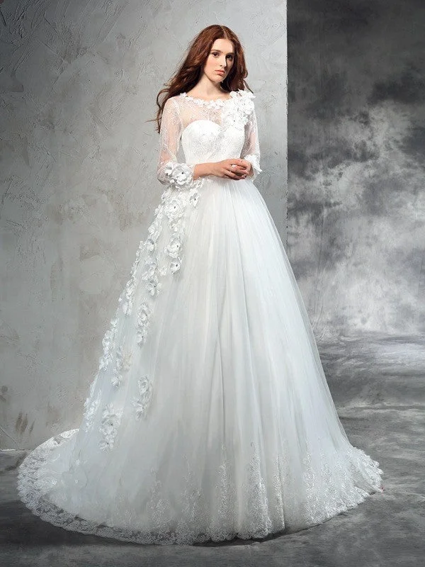 Ball Gown Sheer Neck Hand-Made Flower Long Sleeves Long Net Wedding Dresses Off-shoulder Bridal Dress