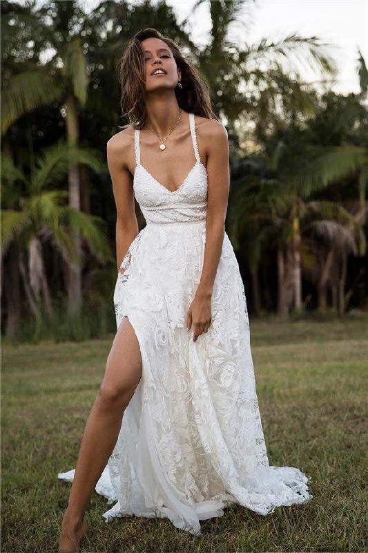 Charming Lace Long A-line Spaghetti Straps Ivory V-Neck Beach Wedding Dress WK416 Vintage Style Dress