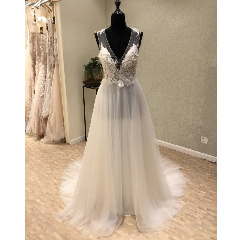 Cheap V Neck Seen Through Back Beach Long Cheap Wedding Dress, WG688 Off-shoulder Bridal Dress