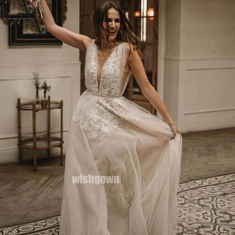 Deep V-neck Spaghetti Strap Tulle Long Wedding Dress WDH047 Beaded Lace Wedding