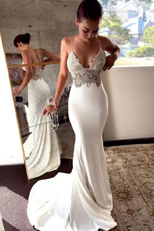 Deep V Neck Spaghetti Straps Ivory Lace Backless Mermaid Prom Dress Wedding Dresses H1137 Sexy Lace Gown