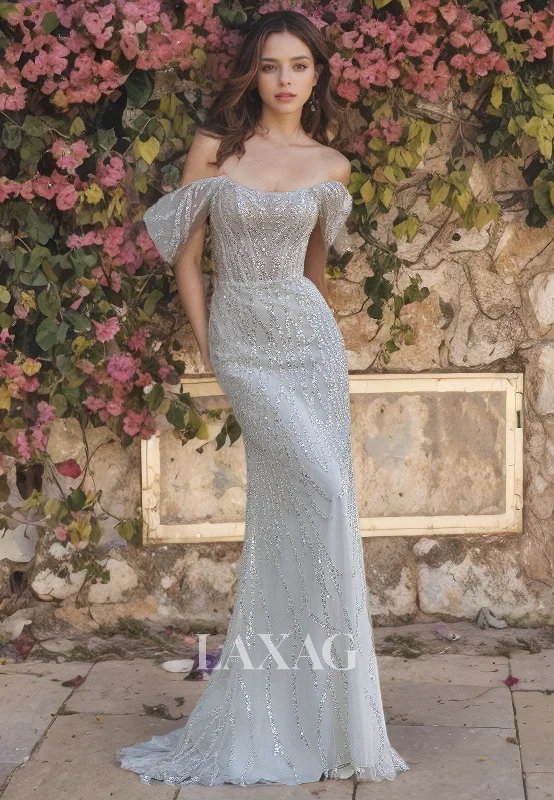 Off Shoulder Sequins Tulle Sleek Satin Mermaid Wedding Dress with Train Off-shoulder Bridal Gown