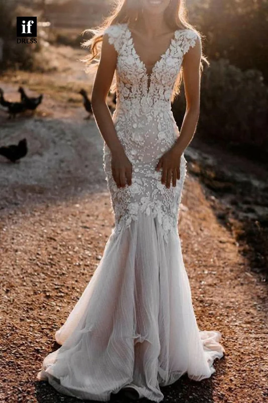 71093 - Exquisite V-Neck Lace Appliques Mermaid Country Bohemian Wedding Dress Sleeveless Wedding Dress