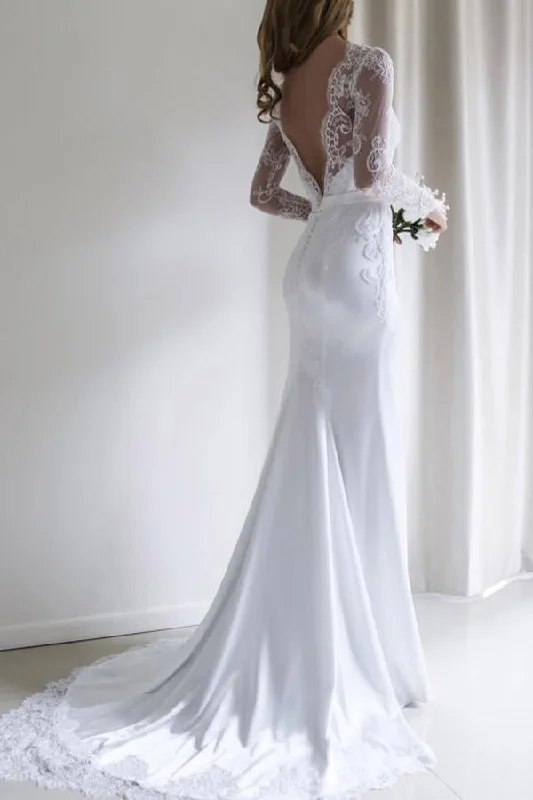 Elegant Lace Long Sleeves Mermaid Backless White Long Wedding Dress with Train WK164 Beaded Wedding Gown