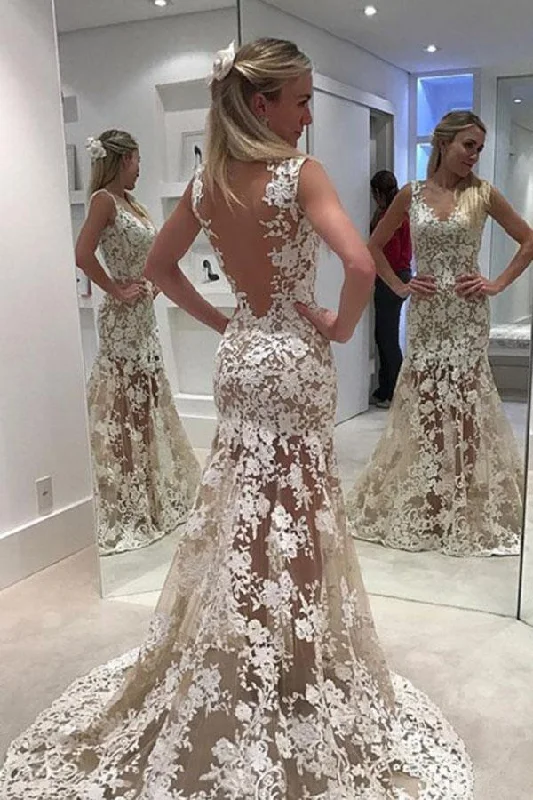 Elegant Lace Sheer Ivory V-Neck Appliques Sleeveless Mermaid Backless Wedding Dresses WK307 Lace V-neck Dress