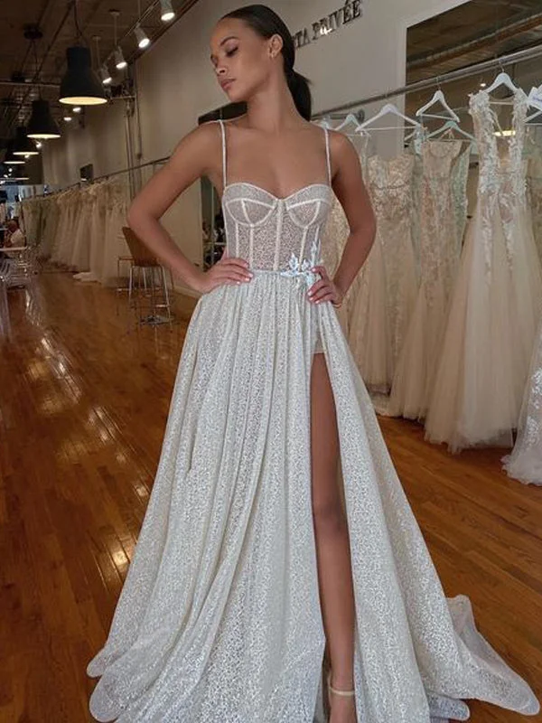 Lovely Spaghetti Straps Side Slit Long Wedding Dresses,WDS0125 Crystal Wedding Dress