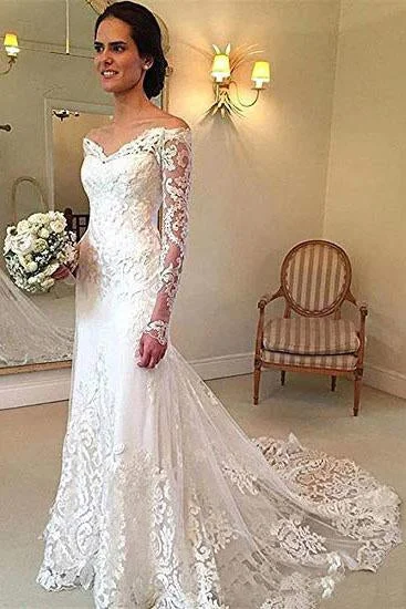 Off the Shoulder Lace Long Sleeve Mermaid V Neck Covered Button Wedding Dresses WK330 Wedding Dress Style