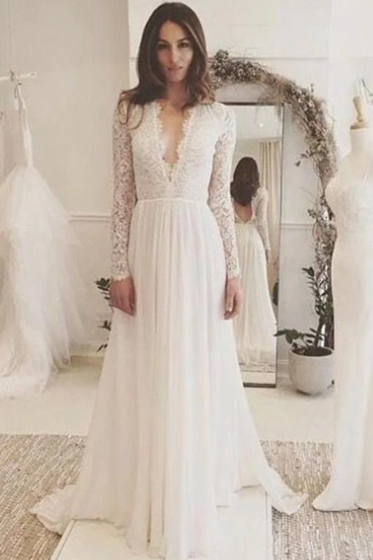 Off White Chiffon Open Back Long Sleeves Wedding Dress Simple A Line V Neck Lace Prom Dress WK743 Sleek Wedding Dress