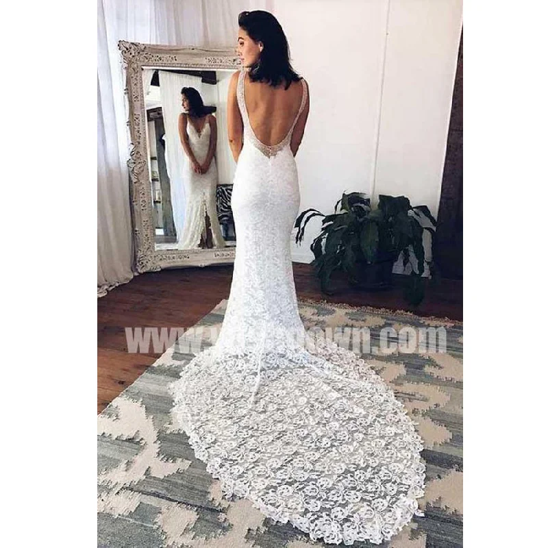 Open Back Mermaid Lace Split Elegant Inexpensive Long Wedding Dresses, BW158 Strapless Wedding Gown