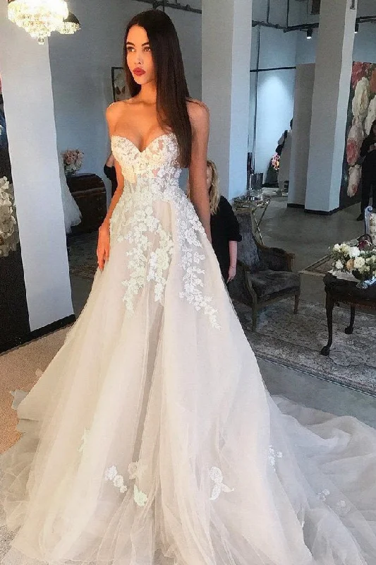 Princess A Line Sweetheart Tulle Lace Applique Ivory Wedding Dress Long Bridal Dresses WK921 Classic Lace Gown