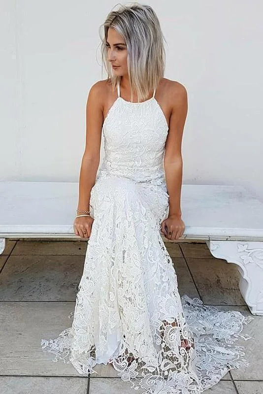 Simple Halter Mermaid Lace Appliques Wedding Dress Backless Beach Bridal Gowns Lace Boho Dress