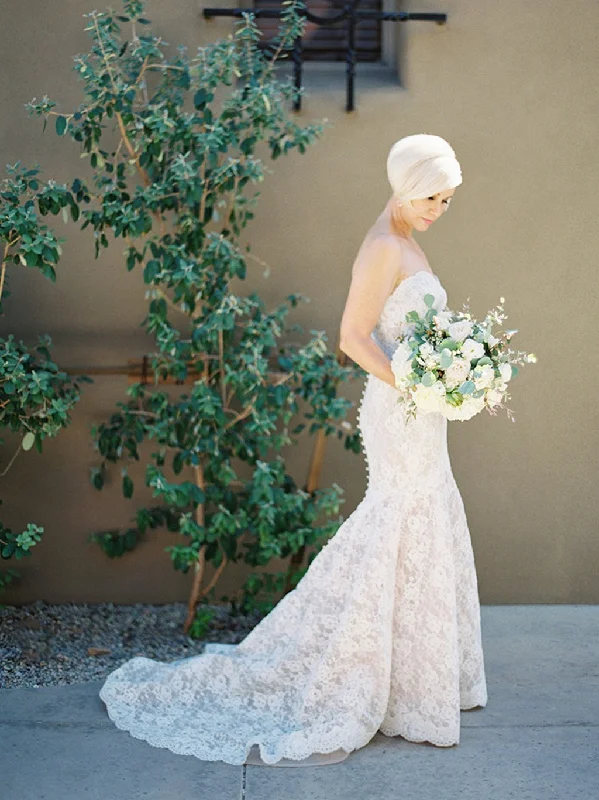 Stunning Ivory Lace Sweetheart Strapless Mermaid Wedding Dresses,DB0149 White Lace Gown