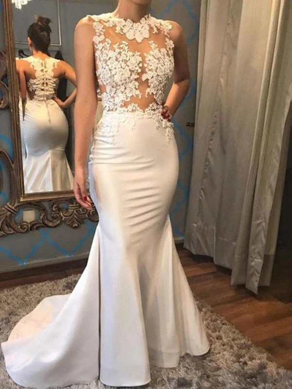 Trumpet/Mermaid Sleeveless Scoop Court Train Applique Satin Wedding Dresses TPP0005962 Elegant Lace Gown