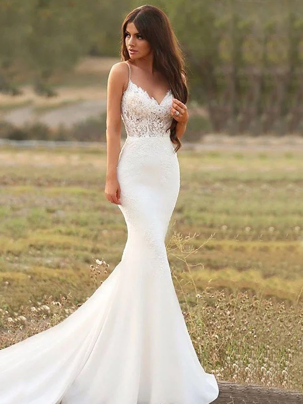 Trumpet/Mermaid Stretch Crepe Applique Spaghetti Straps Sleeveless Sweep/Brush Train Wedding Dresses TPP0005953 Sparkle Bridal Dress