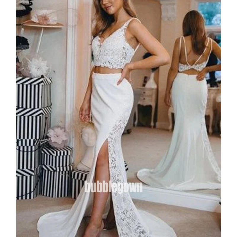 Two Piece V-neck Split Side Long Wedding Dress WDH043 Strapless Bridal Dress