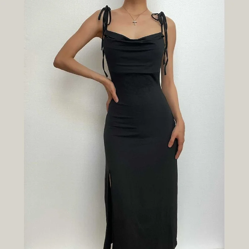 Cowl neck solid slit backless self tie ruched midi dress Fashion-forward midi dresses