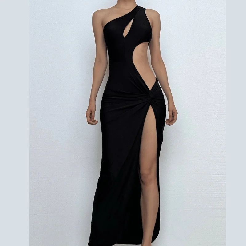 One shoulder hollow out ruched high slit cut out midi dress Vacation midi dresses