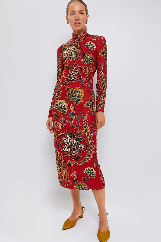 Red Floral Cutout Long Sleeve Midi Dress Boho midi dresses