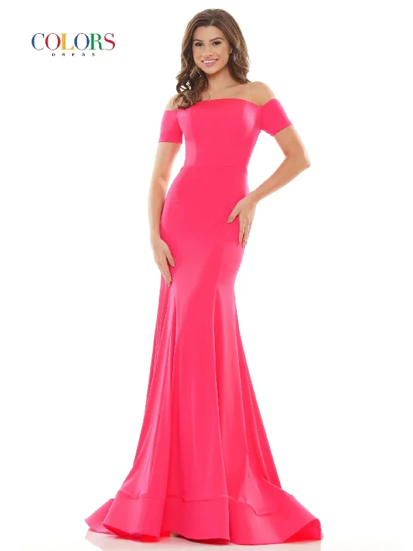 Colors 2674 Colors Long Off Shoulder Fitted Prom Dress Silk maxi dresses