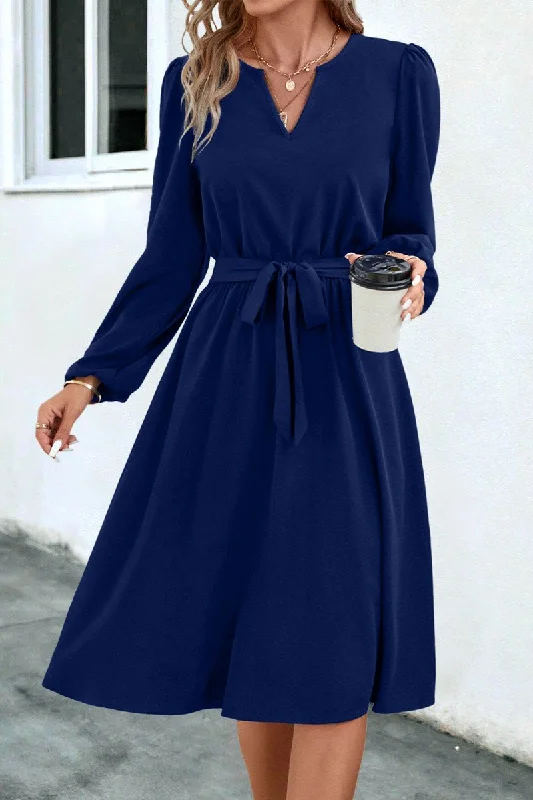 WOMEN V NECK LONG SLEEVE BELTED KNEE LENGTH DRESS Best maxi dresses for summer vacation