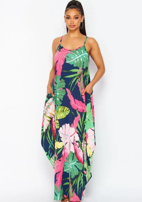 Palm Flowers Silky Tank Dress Simple Tank Dress