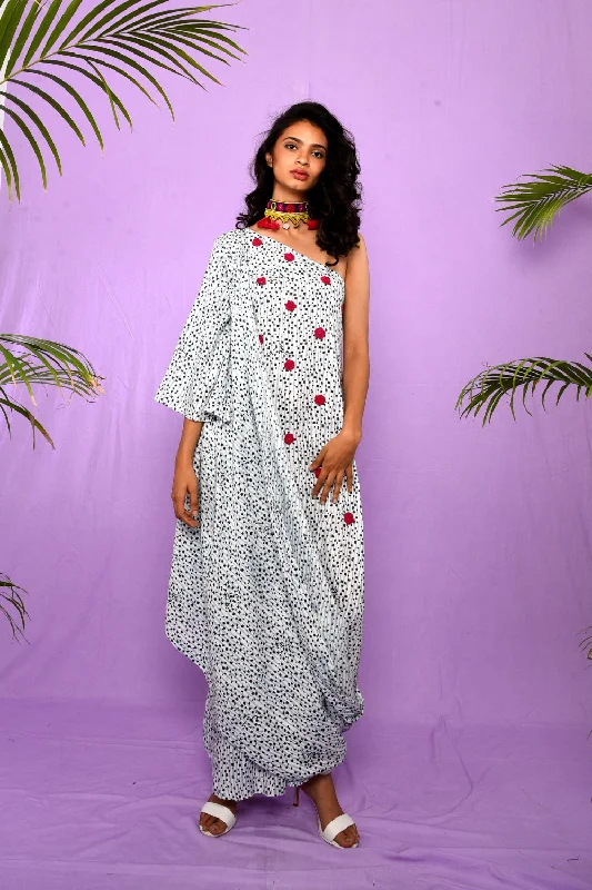 Block Printed One Shoulder Draped Dress Satin floral dresses