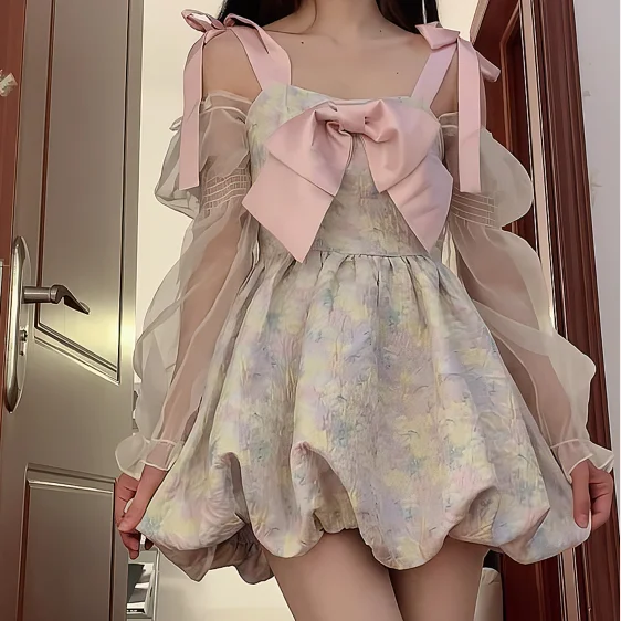 Bow floral suspender dress  YV50187 Ruffled floral dresses