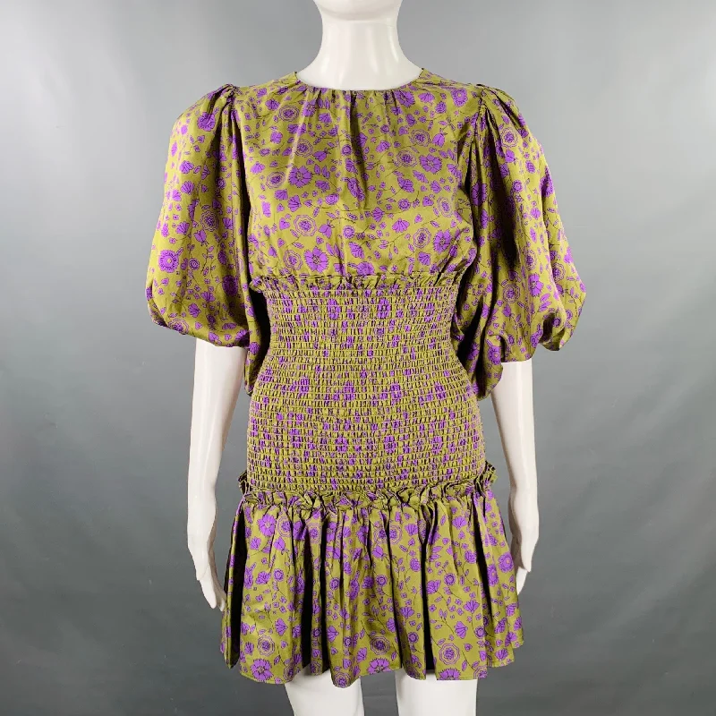 CYNTHIA ROWLEY Size XS Green Purple Silk Twill Floral Ruched Dress Forever 21 floral dresses