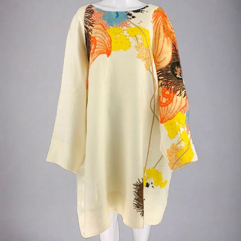 DRIES VAN NOTEN Size S Cream Multi Color Linen Abstract Floral Oversized Dress Ruffled floral dresses