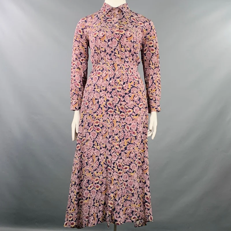 MAX MARA Size 12 Navy Burgundy Silk Abstract Floral Long Shirt Dress Cotton floral dresses