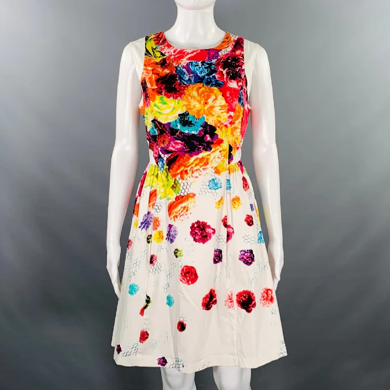 PRABAL GURUNG Size 8 White Multi Color Cotton Blend Floral Sleeveless Dress Cute floral print summer dresses