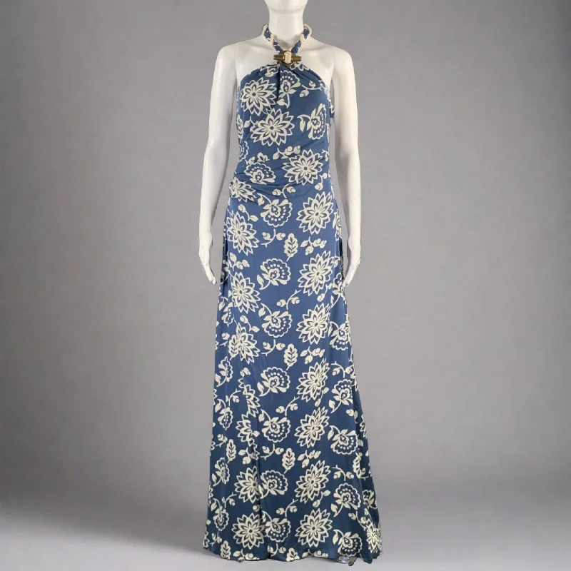 RALPH LAUREN Size 8 Blue White Silk Floral Halter Long Dress A-line floral dresses